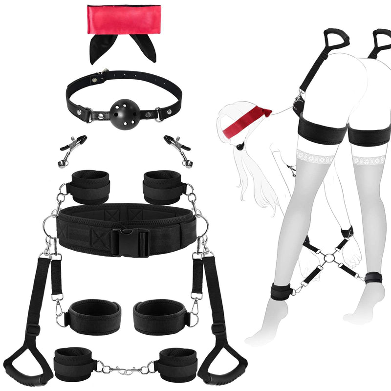 9-Piece Bondage Restraint Set ??Adjustable Handcuffs Ankle Thigh Cuffs Gag