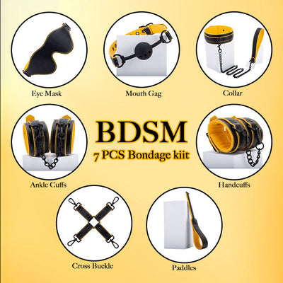 Luxury Yellow PU Leather BDSM Kit ??Handcuffs Anklecuffs Blindfold Whip