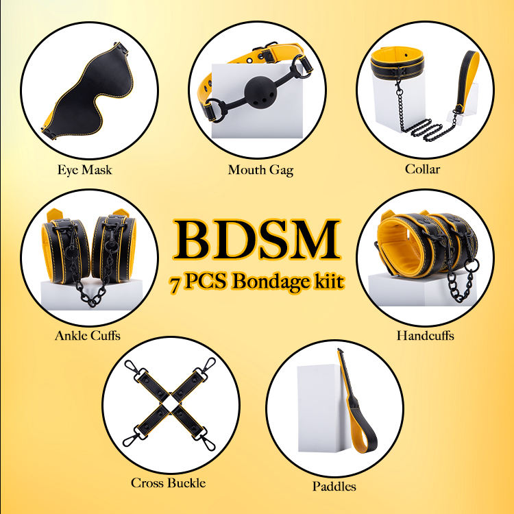 Luxury Yellow PU Leather BDSM Kit ??Handcuffs Anklecuffs Blindfold Whip